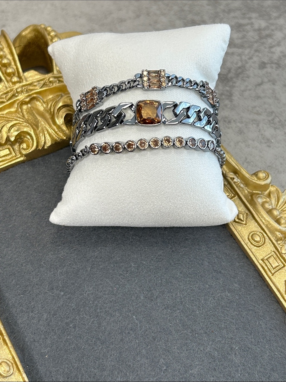 Hematite -Tone Stack Bracelet Set with Dark Smokey Topaz Crystal Stones